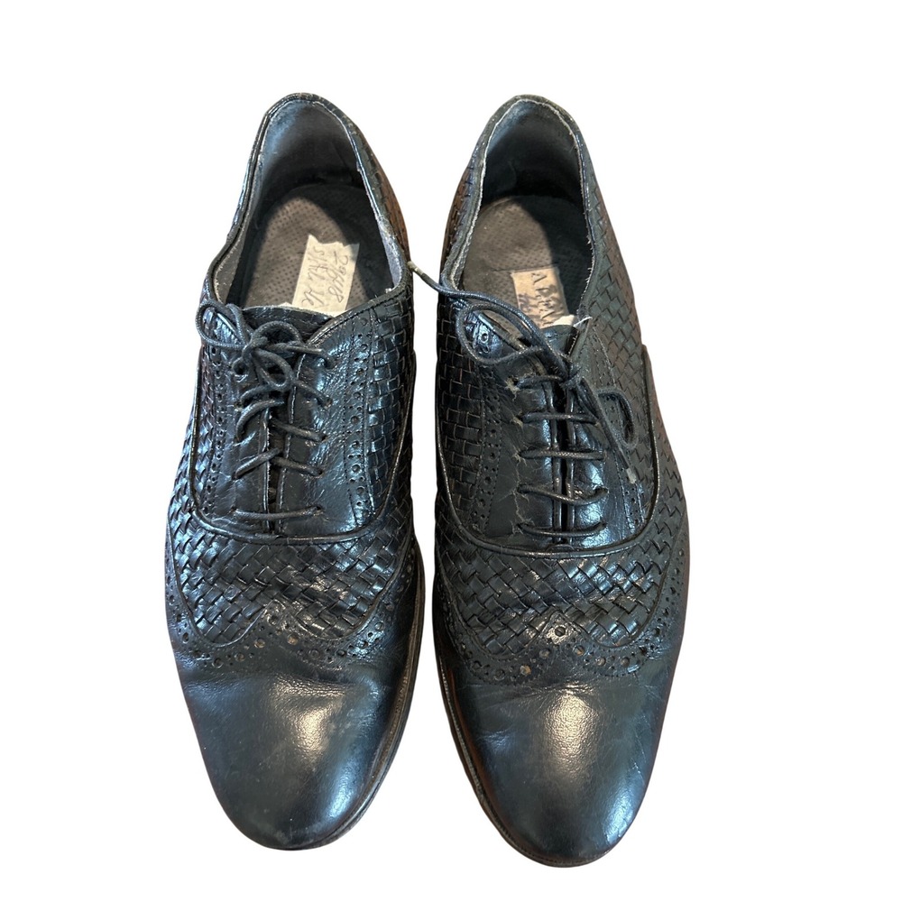 Vintage Alfani Men's Black Woven Leather Wingtip Oxford Brogue Shoes 9.5